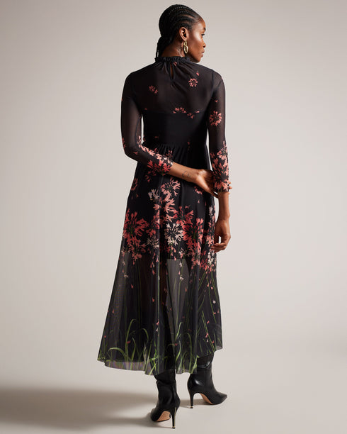 SUSENAA-Dresses-Sophisticated with a flirty edge, the SUSENAA dress ticks all the boxes. Pair with heels or boots for a timeless look. Midaxi dress Mesh overlay with high neck Sweetheart neckline lining 3/4 length sleeves Floral print Keyhole cut-out on back Ruffled collar Ayo is 5'8" / 1.73m and wears Black in a Ted size 1- Ted Baker Romania